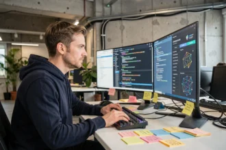 Développeur intégrant une intelligence artificielle dans une application sur deux écrans dans un bureau moderne