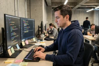 Développeur informatique comparant du code Python et C++ sur deux écrans dans un bureau tech moderne