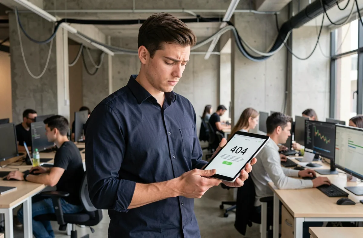 Développeur web tenant une tablette affichant une erreur 404 dans un bureau moderne en open space
