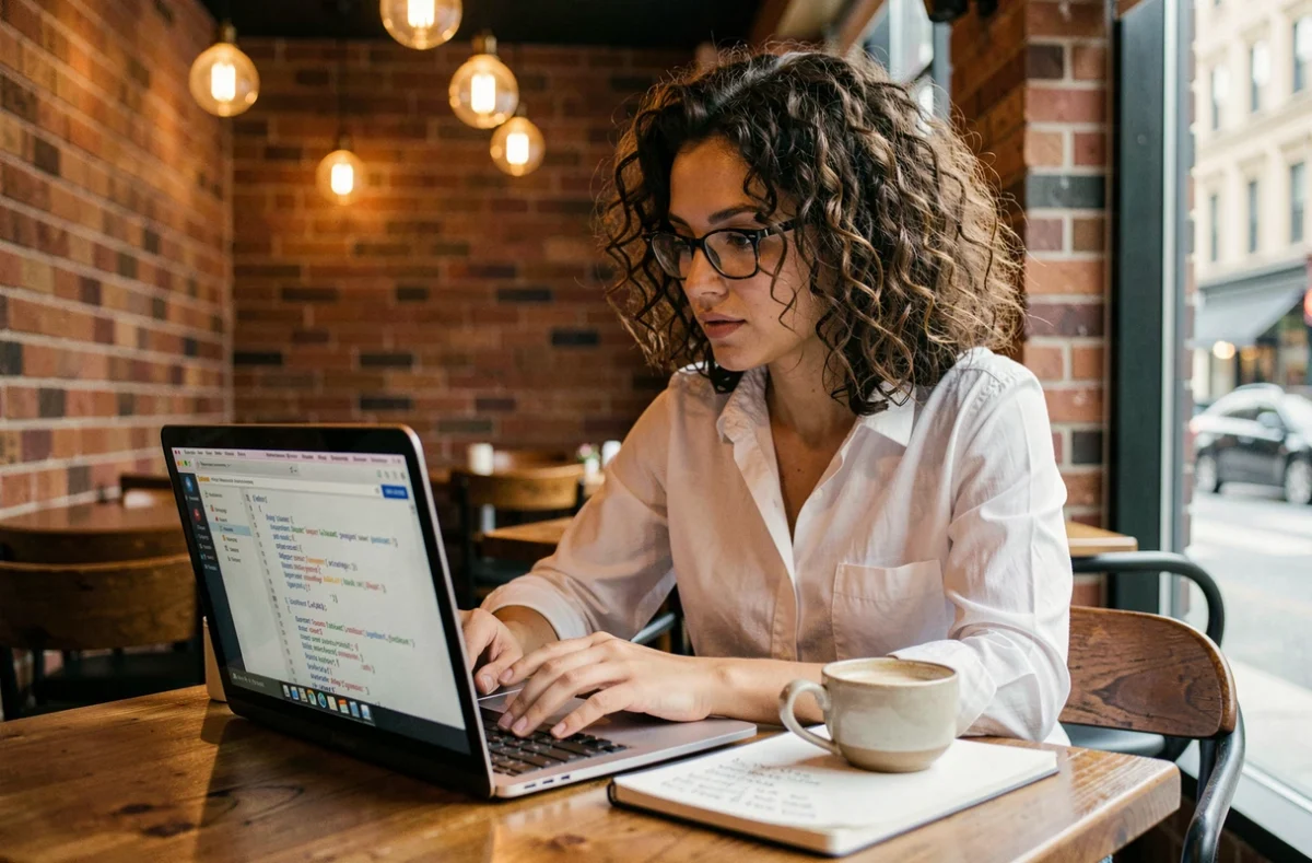 Développeuse consultant une documentation API pour intégrer une IA dans une application depuis un café