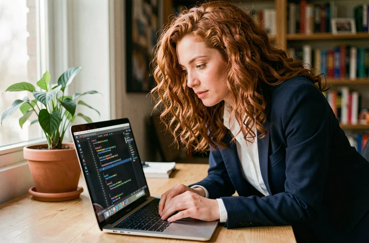 Développeuse web consultant des entrées de logs JSON dans un éditeur de code sur son ordinateur portable