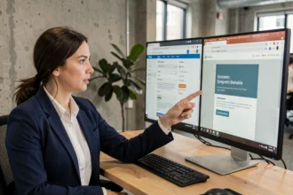 Femme en blazer marine pointant deux fenêtres de navigateur illustrant la différence entre un site web et une landing page