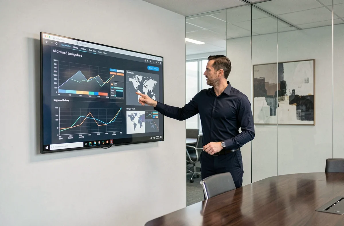 Un directeur marketing présentant une analyse de données basée sur l'intelligence artificielle lors d'une réunion en salle de conférence