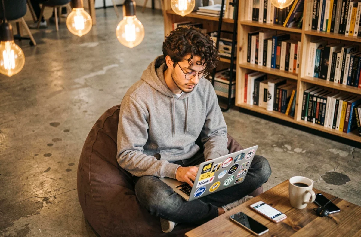 Jeune développeur web codant sur son ordinateur portable dans un espace de co-working décontracté