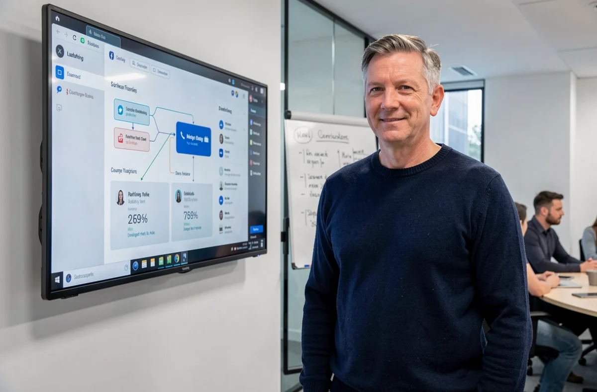 Manager digital présentant des données et wireframes UX sur un écran interactif en salle de réunion