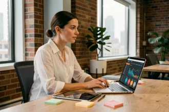 Professionnelle du marketing digital travaillant sur des tableaux de bord analytiques dans un bureau moderne