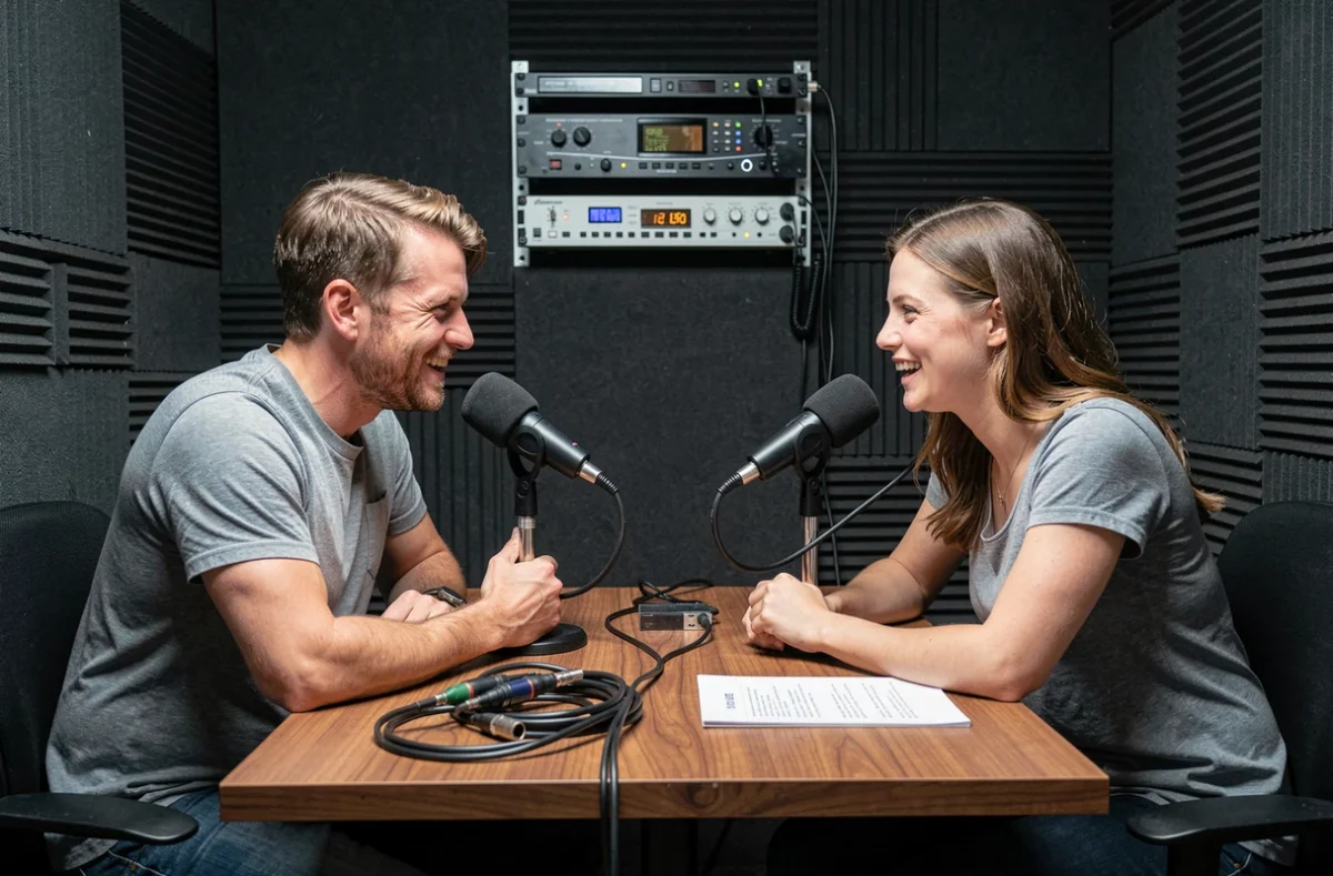Deux animateurs enregistrant ensemble un podcast dans une cabine acoustique professionnelle en France