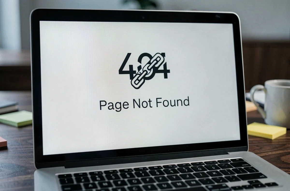 Écran d'ordinateur affichant une page d'erreur 404 avec une icône de lien brisé et un clavier en arrière-plan