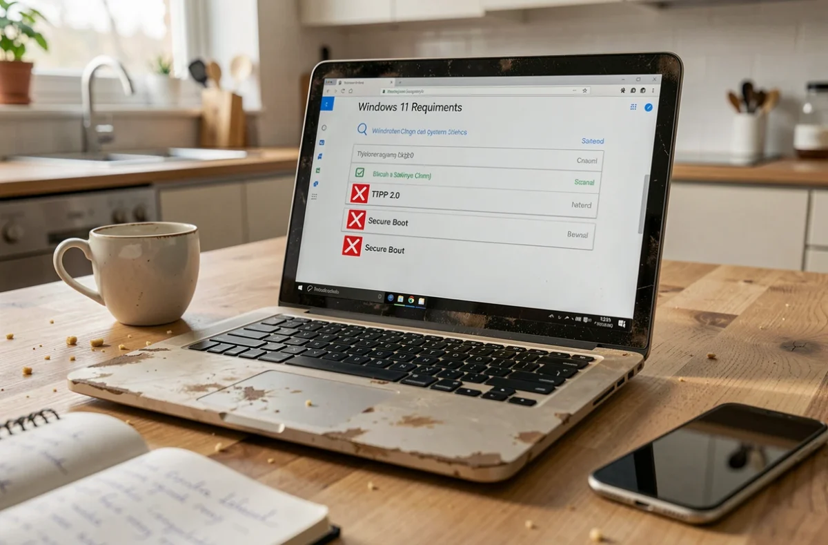 Écran d'ordinateur portable affichant les exigences système de Windows 11 avec des incompatibilités détectées