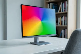 Écran TN sur un bureau minimaliste affichant un dégradé de couleurs révélant les caractéristiques typiques d'un panneau TN