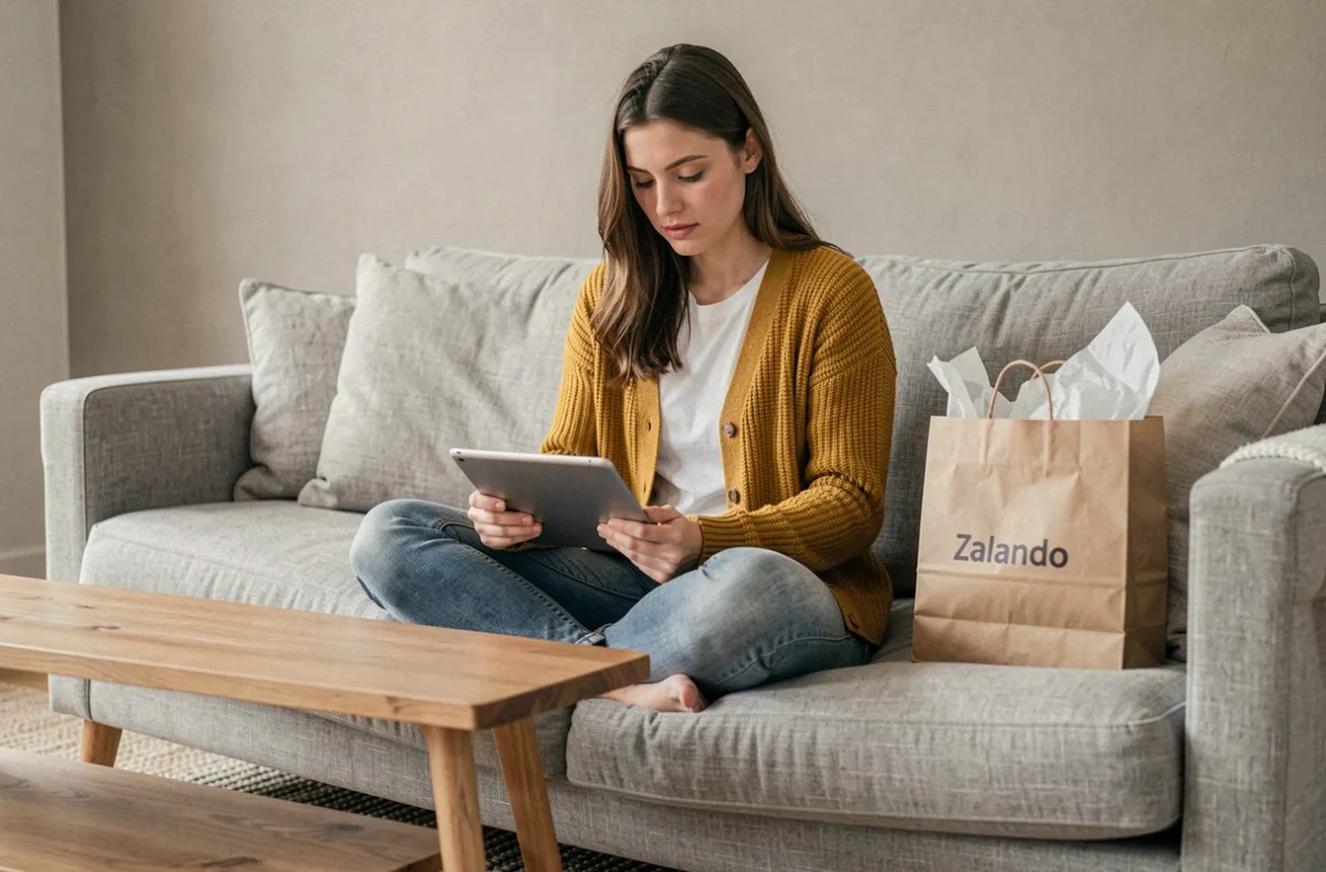 Jeune femme écrivant un e-mail à Zalando sur une tablette depuis son salon avec un sac Zalando à côté d'elle