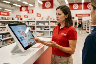 Employée Target au bureau du service client utilisant un kiosque interactif avec intelligence artificielle