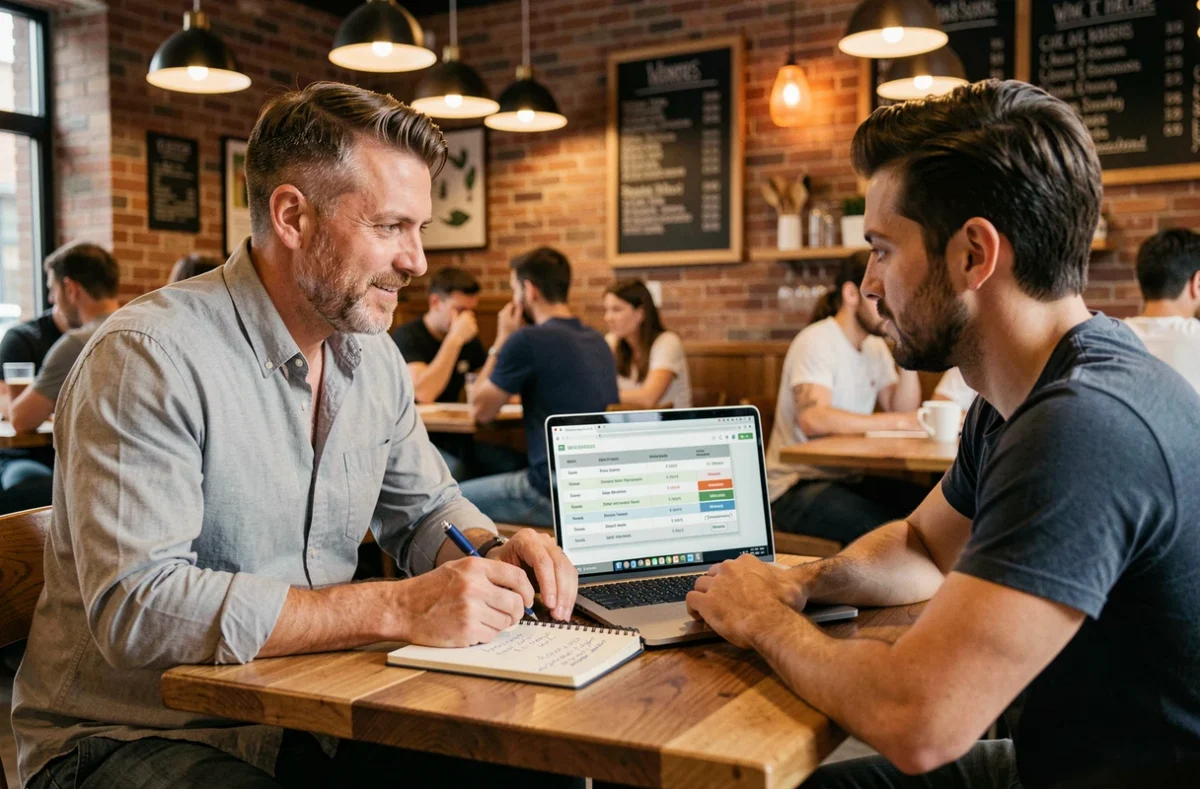 Entrepreneur discutant du budget de création de site web avec un développeur freelance dans un café