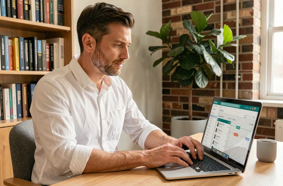 Entrepreneur utilisant un logiciel CRM sur son ordinateur portable dans un bureau à domicile chaleureux