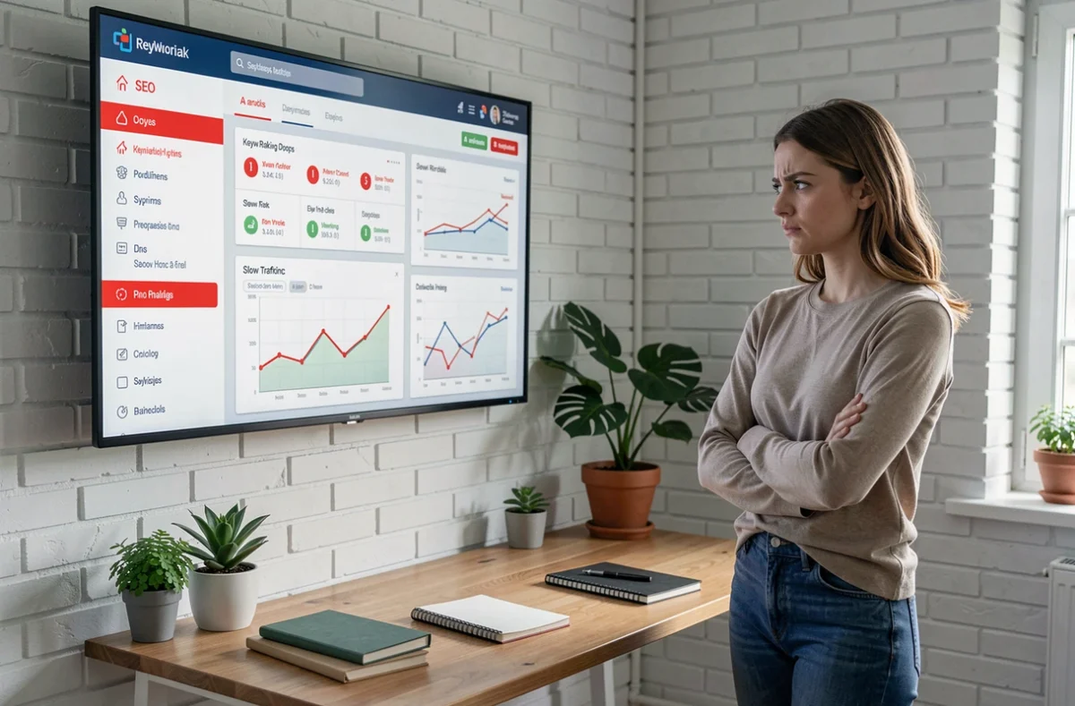 Entrepreneuse analysant les limitations et inconvénients du SEO sur un tableau de bord avec des indicateurs de baisse de trafic