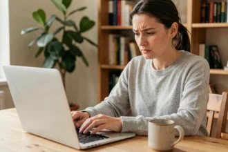 Femme tapant un e-mail au service client Zalando sur un ordinateur portable depuis son bureau à domicile