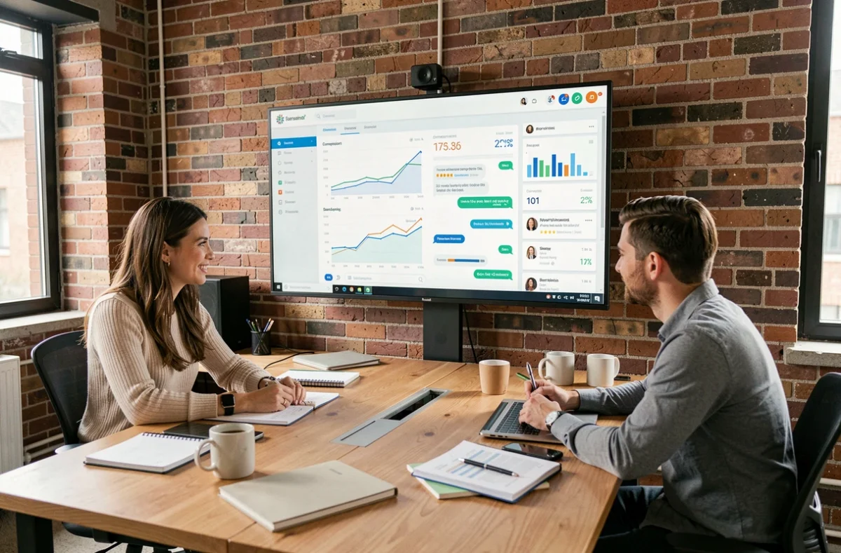 Deux collègues analysant les performances d'un chatbot de vente sur des tableaux de bord analytiques dans un bureau de startup