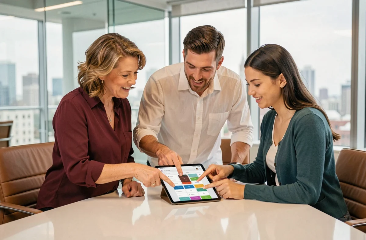 Équipe pluridisciplinaire collaborant autour d'une interface mobile pour améliorer l'expérience utilisateur en salle de réunion