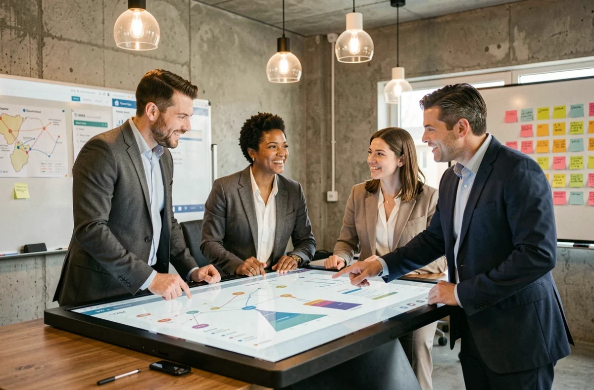 Équipe de professionnels collaborant autour d'un logiciel CRM sur une table interactive en open space