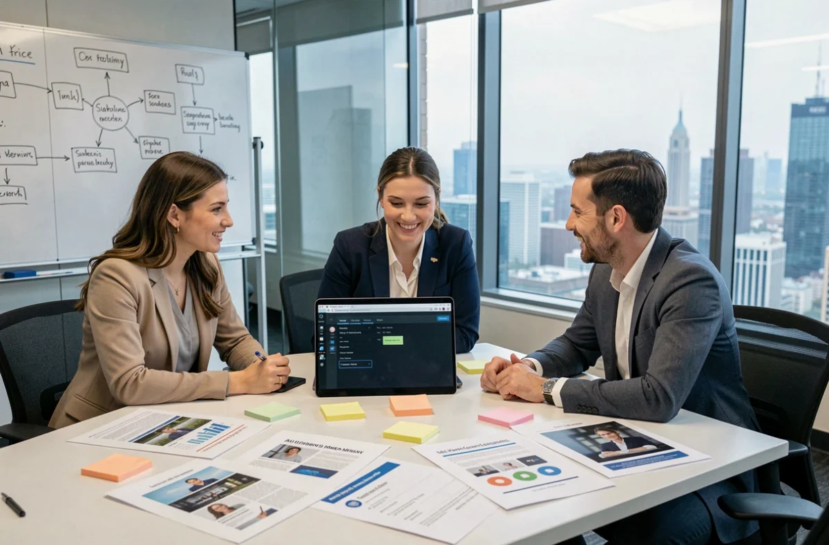 Une équipe de professionnels du marketing collaborant autour de données générées par intelligence artificielle lors d'une réunion en agence
