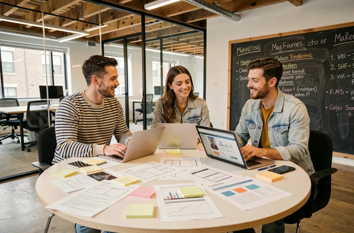 Équipe marketing collaborant autour de maquettes de landing pages et de rapports de campagne dans un espace de coworking