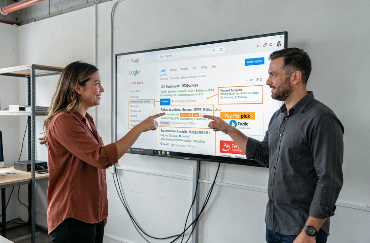 Deux spécialistes SEO discutant des positions sur une page de résultats SERP affichée sur un grand écran en agence
