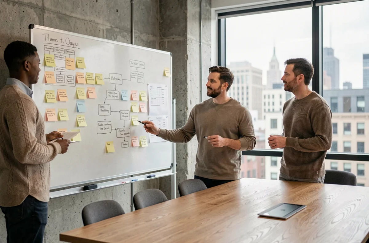 Équipe UX collaborant autour d'un tableau de bord et de wireframes pour mesurer l'expérience utilisateur comme KPI