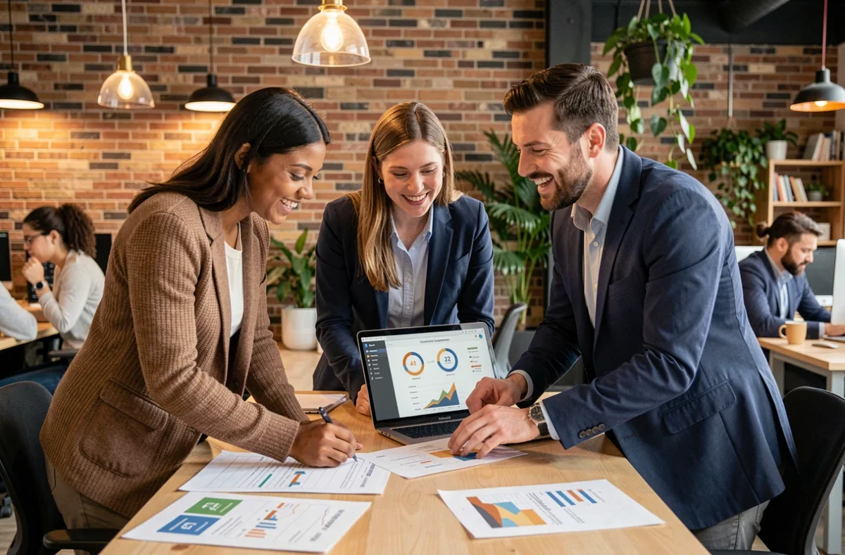 Équipe de professionnels UI/UX en réunion collaborative autour d'une table dans un espace de coworking moderne, discutant de rémunération et de livrables design