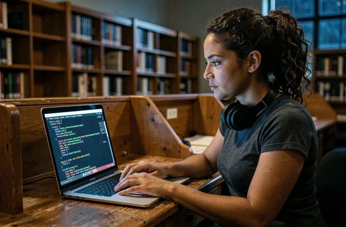 Étudiante en cybersécurité analysant des scripts Python et C++ sur un laptop dans une bibliothèque universitaire