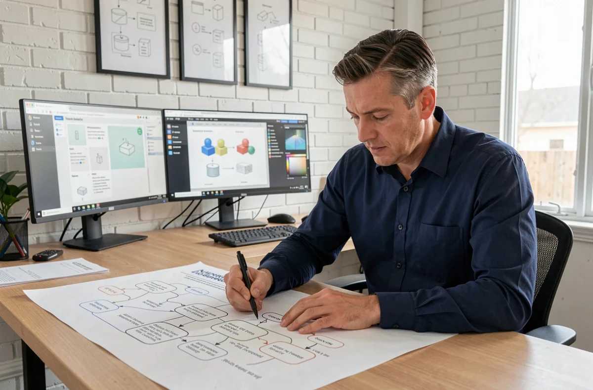 Expert UX masculin annotant une carte du parcours utilisateur dans un bureau à domicile professionnel