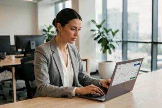 Experte SEO analysant des données de référencement naturel sur un ordinateur portable dans un bureau moderne