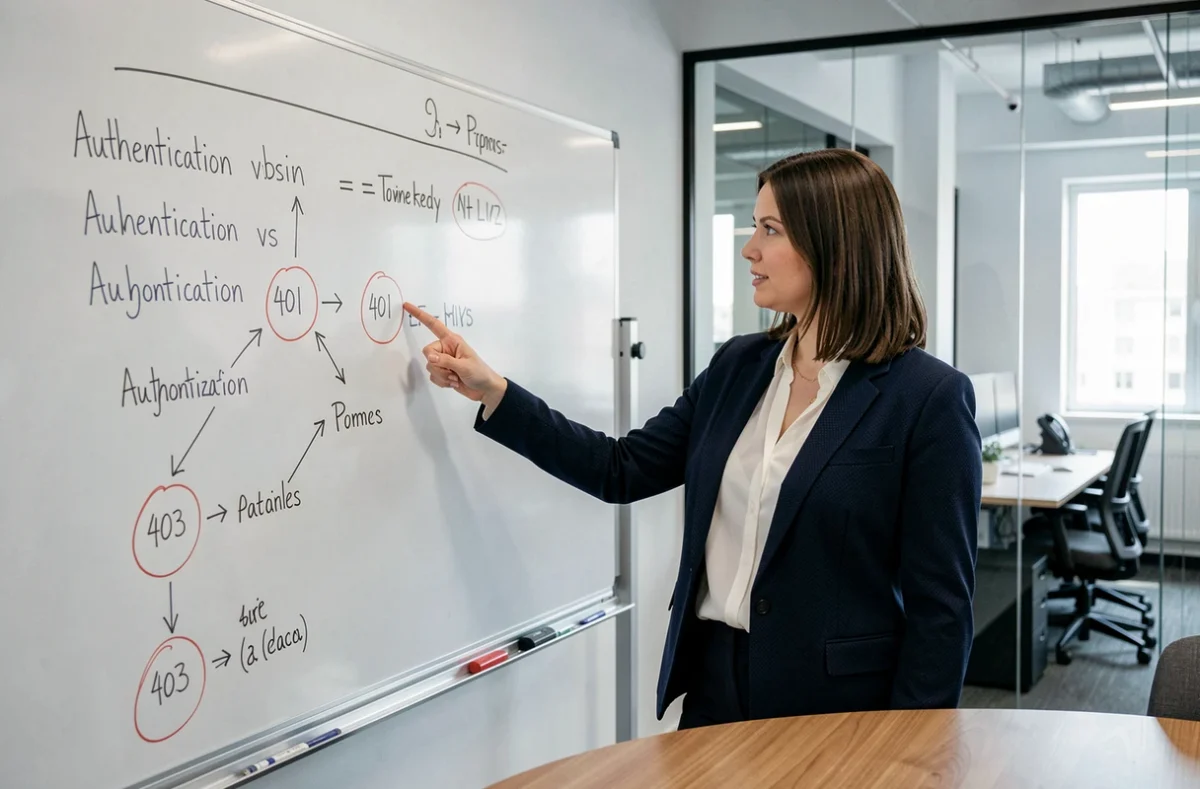 Femme expliquant la différence entre l'authentification 401 et l'autorisation 403 sur un tableau blanc en salle de réunion