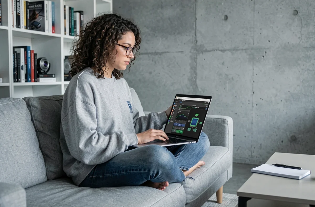 Femme analysant l'architecture d'un processeur via un logiciel CPU-Z sur ordinateur portable dans un salon moderne