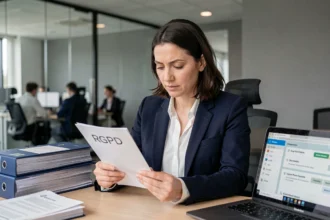 Femme professionnelle analysant un document de conformité RGPD dans un bureau moderne