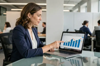 Femme professionnelle analysant des courbes de tendance sur un graphique Excel affiché sur un écran d'ordinateur portable