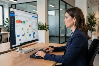 Femme professionnelle analysant un tableau de bord CRM sur un écran d'ordinateur dans un bureau moderne