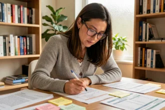 Femme analyste SEO travaillant sur une recherche de mots clés à long terme dans un bureau moderne