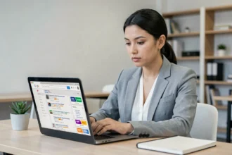 Une professionnelle analysant une page de résultats de moteur de recherche SERP sur son ordinateur portable au bureau
