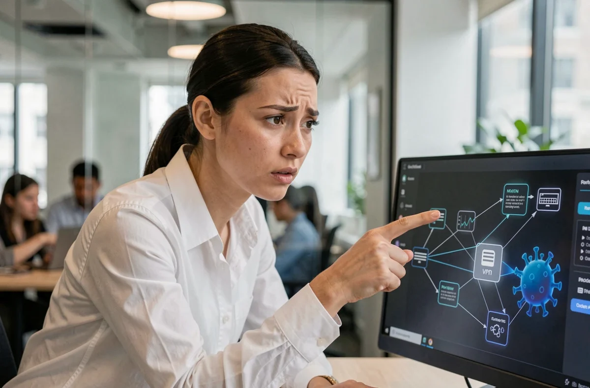 Femme en bureau moderne analysant un schéma de sécurité VPN avec une menace virale détectée sur son écran