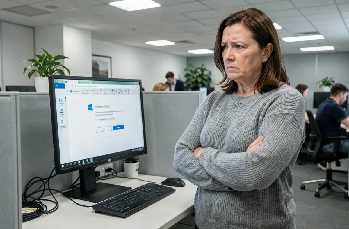 Femme en entreprise consultant un outil de compatibilité Windows 11 sur un poste de travail de bureau