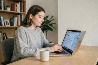 Femme professionnelle lisant ses courriels sur un ordinateur portable dans un bureau à domicile minimaliste