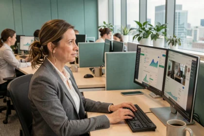 Femme cadre en télétravail partiel dans un open space numérique, illustrant la transformation des relations d'emploi par le numérique