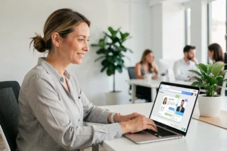 Une femme professionnelle interagissant avec un chatbot de vente sur son ordinateur portable dans un bureau moderne