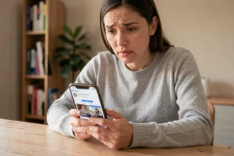Femme consultant son fil Facebook sur smartphone avec publicités ciblées visibles