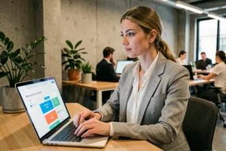 Femme professionnelle utilisant un outil de création de landing page sur ordinateur dans un bureau moderne