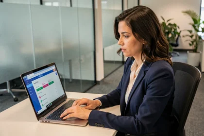 Femme professionnelle créant un mot de passe sécurisé sur un ordinateur portable dans un bureau moderne