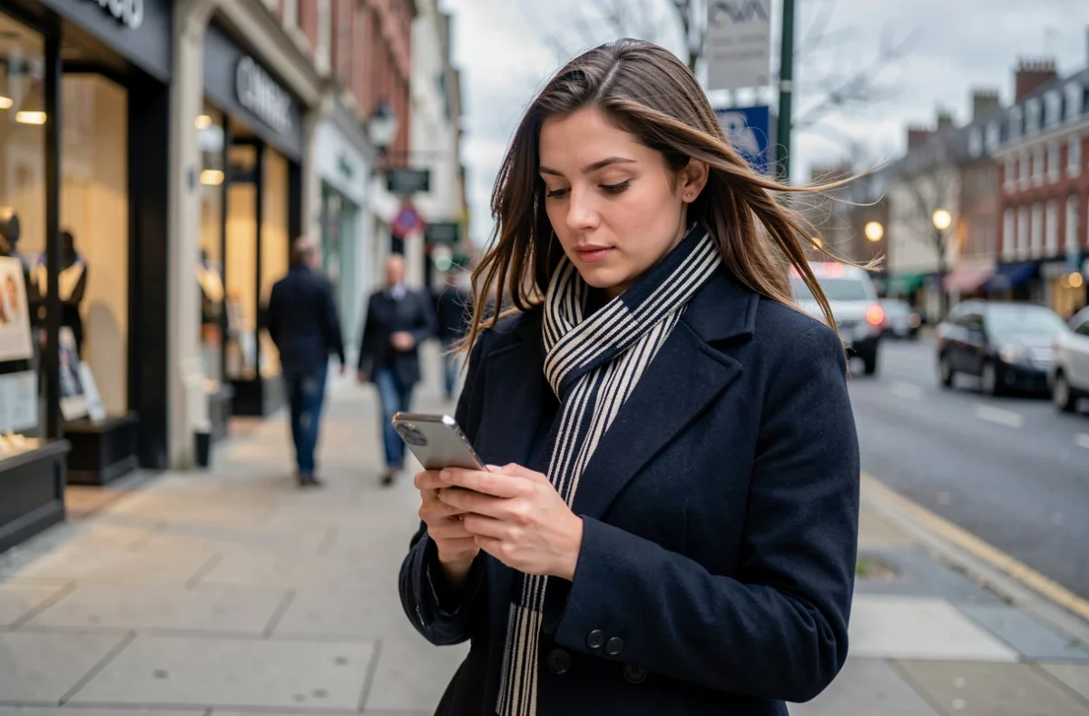 Jeune femme consultant ses emails professionnels sur smartphone pendant son trajet en ville