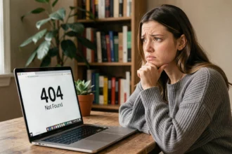 Femme frustrée devant un écran affichant une erreur 404 Not Found sur un ordinateur portable