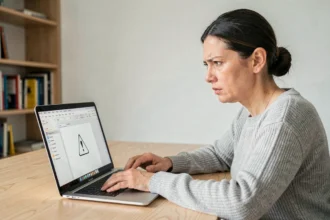 Femme frustrée devant un ordinateur portable affichant une erreur de visionneuse PDF dans un bureau minimaliste