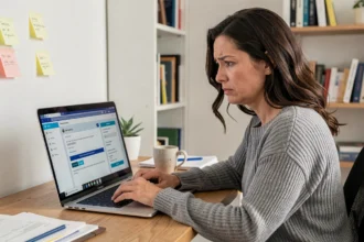 Femme frustrée devant un site web mal conçu sur Wix, illustrant les limites du constructeur de sites